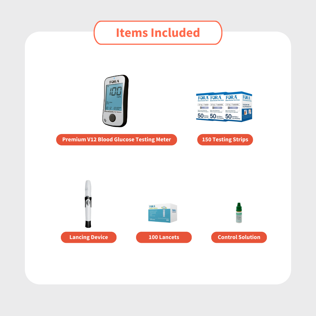 FORA Premium V12 Voice Blood Glucose Testing Kit (50ct/vial, 3 vials, total 150 strips)