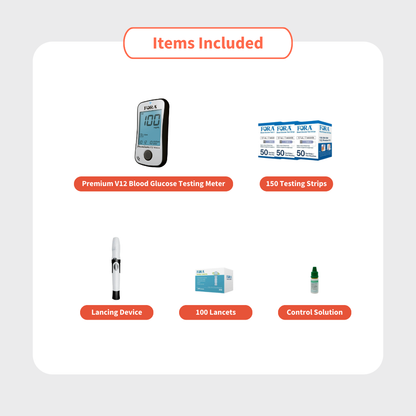 FORA Premium V12 Voice Blood Glucose Testing Kit (50ct/vial, 3 vials, total 150 strips)