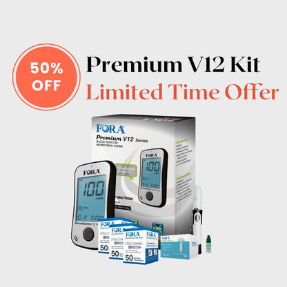 FORA Premium V12 Voice Blood Glucose Testing Kit (50ct/vial, 3 vials, total 150 strips)