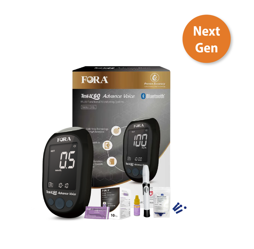 【Next-Gen】FORA Test N'GO Advance Voice｜Blood Ketone Testing Kit (20 Ketone Strips, 20 Lancets, Beginner-Friendly)