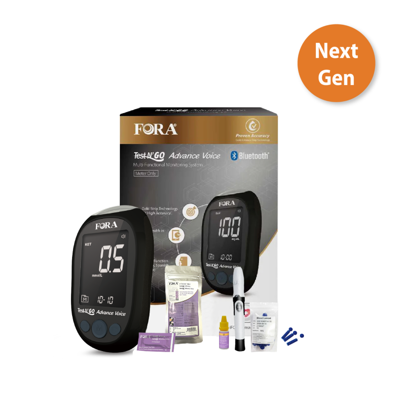 【Next-Gen】FORA Test N'GO Advance Voice｜Blood Ketone Testing Kit (20 Ketone Strips, 20 Lancets, Beginner-Friendly) (New Package)