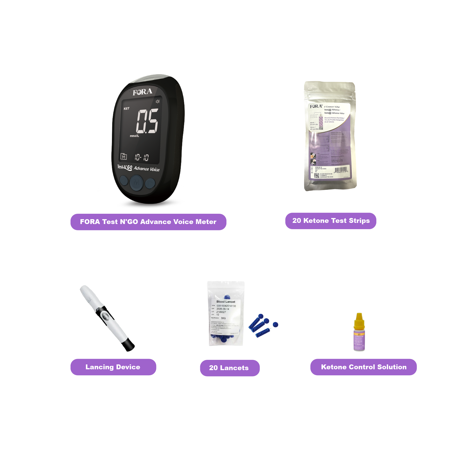 【Next-Gen】FORA Test N'GO Advance Voice｜Blood Ketone Testing Kit (20 Ketone Strips, 20 Lancets, Beginner-Friendly) (New Package)