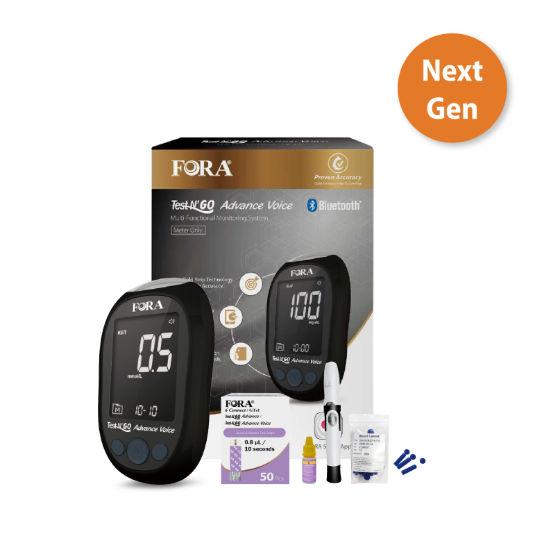 【Next-Gen】FORA Test N'GO Advance Voice｜Blood Ketone Testing Kit (50 Ketone Strips, 50 Lancets)