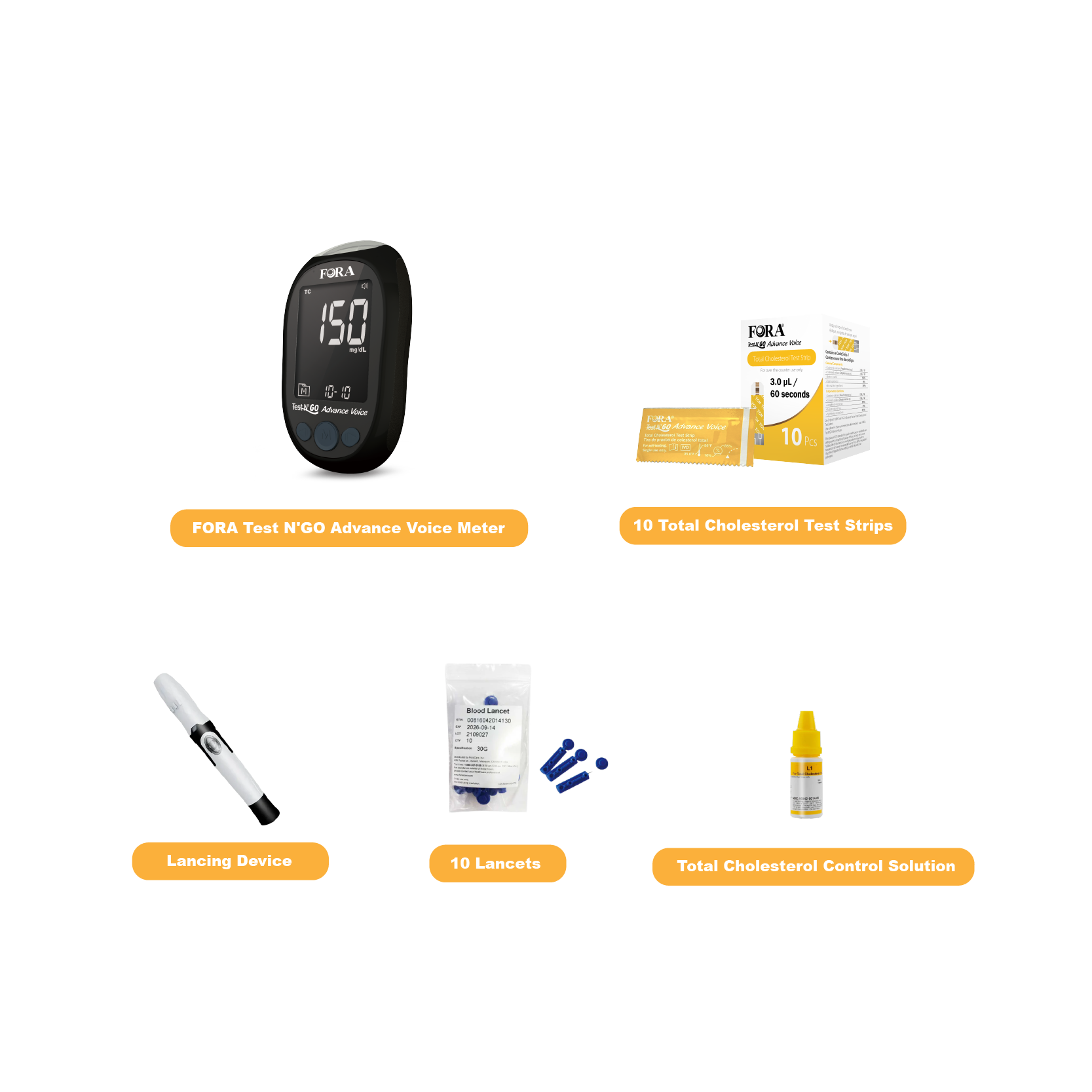 【Next-Gen】 FORA Test N'Go Advance Voice｜Total Cholesterol Testing Kit (10 Total Cholesterol Strips, 10 Lancets)