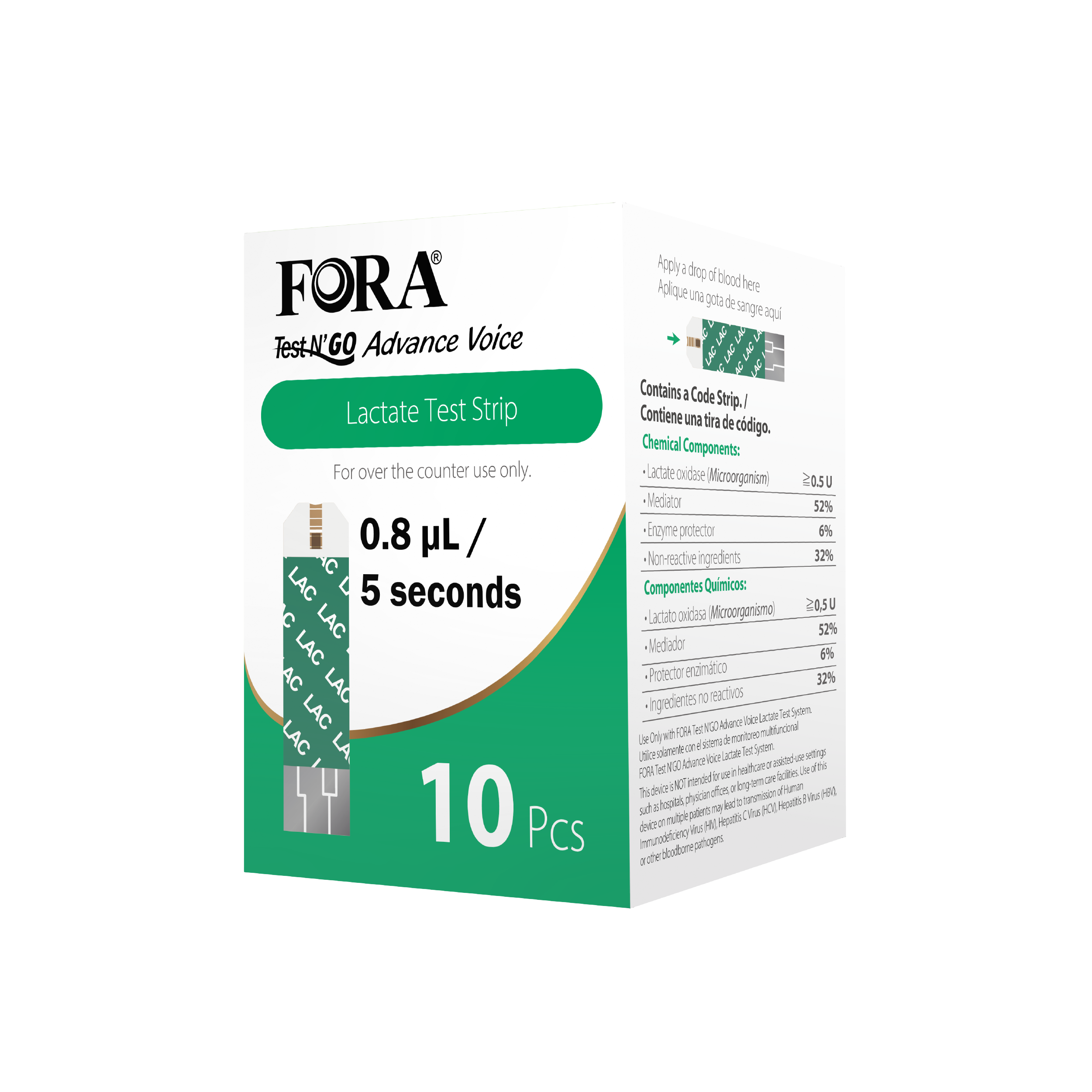 FORA Blood Lactate Test Strips (10pcs/box, Compatible with FORA Test N'Go Advance Voice Meter)
