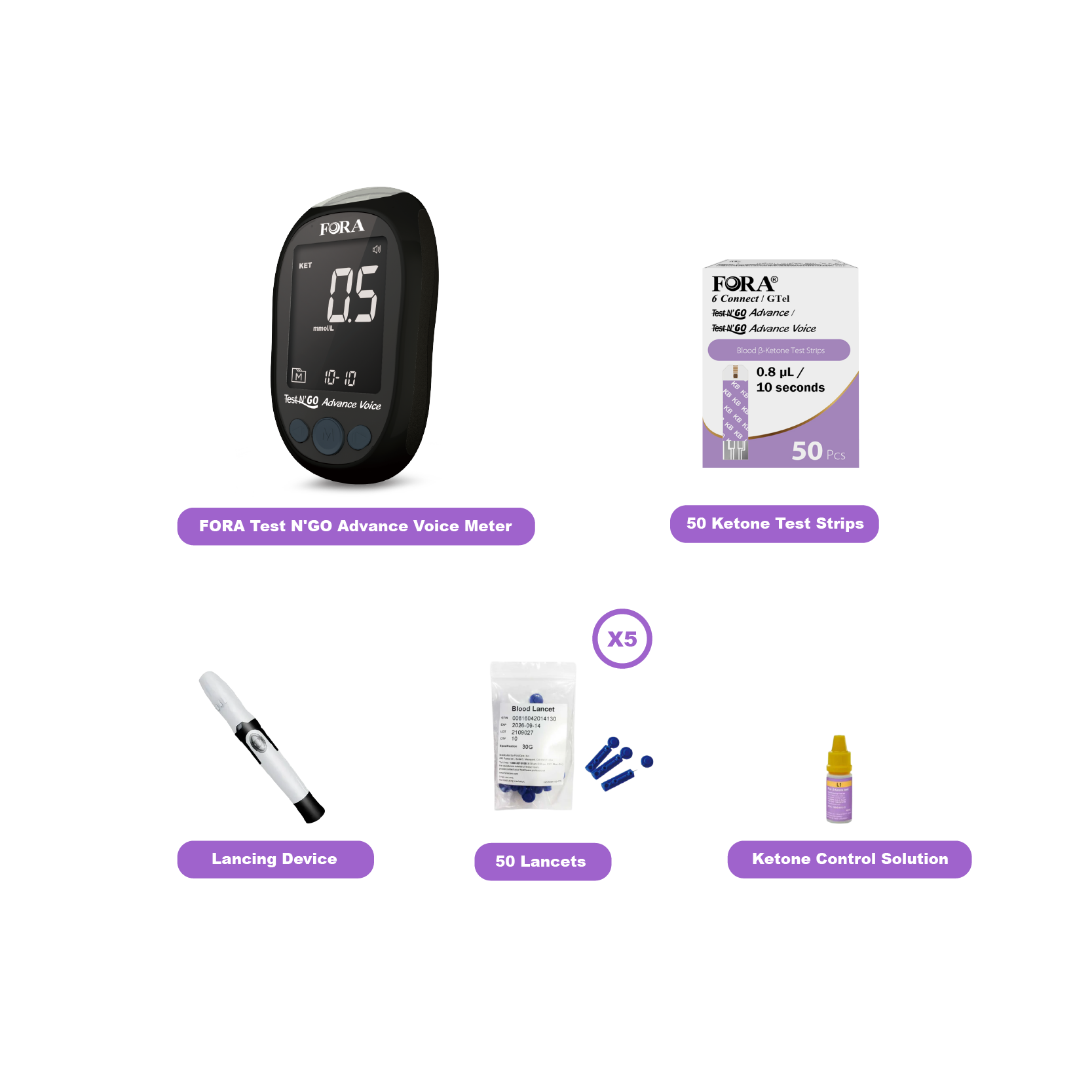 【Next-Gen】FORA Test N'GO Advance Voice｜Blood Ketone Testing Kit (50 Ketone Strips, 50 Lancets)