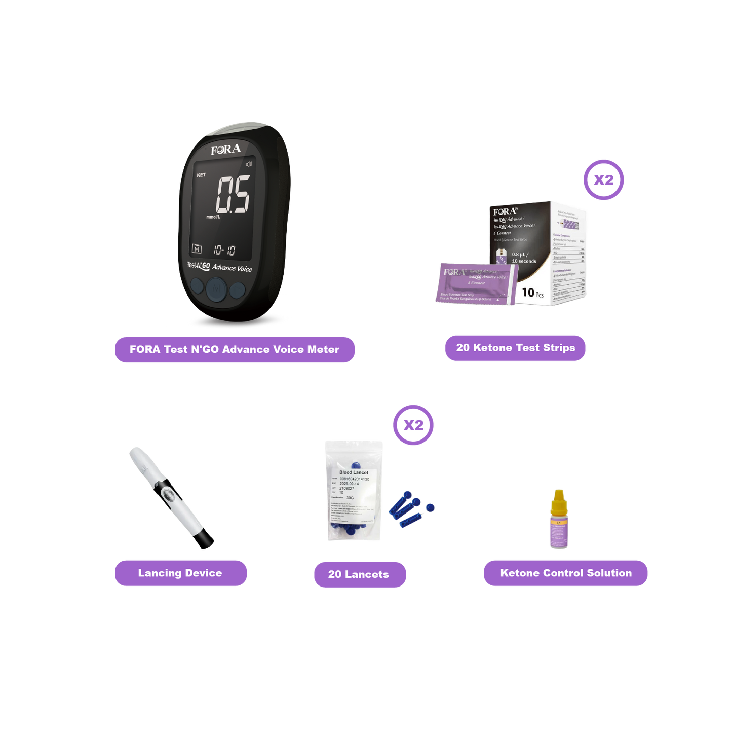 【Next-Gen】FORA Test N'GO Advance Voice｜Blood Ketone Testing Kit (20 Ketone Strips, 20 Lancets, Beginner-Friendly)