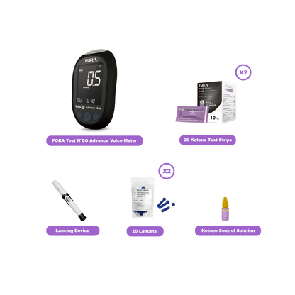 【Next-Gen】FORA Test N'GO Advance Voice｜Blood Ketone Testing Kit (20 Ketone Strips, 20 Lancets, Beginner-Friendly)