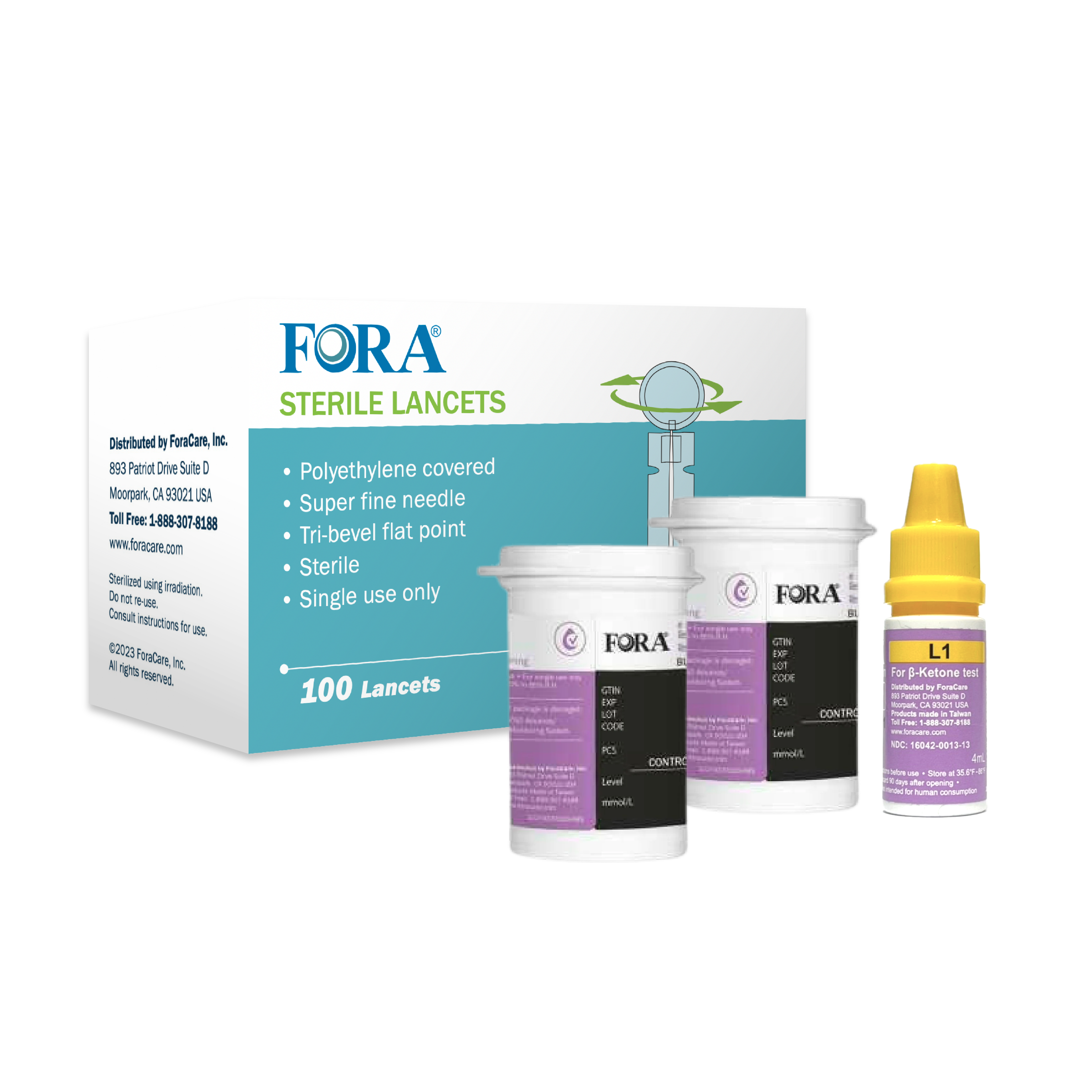 FORA Ketone Pro Refill Pack: 100 Strips (50 per Box, 2 Boxes), 100 Lancets, and Control Solution
