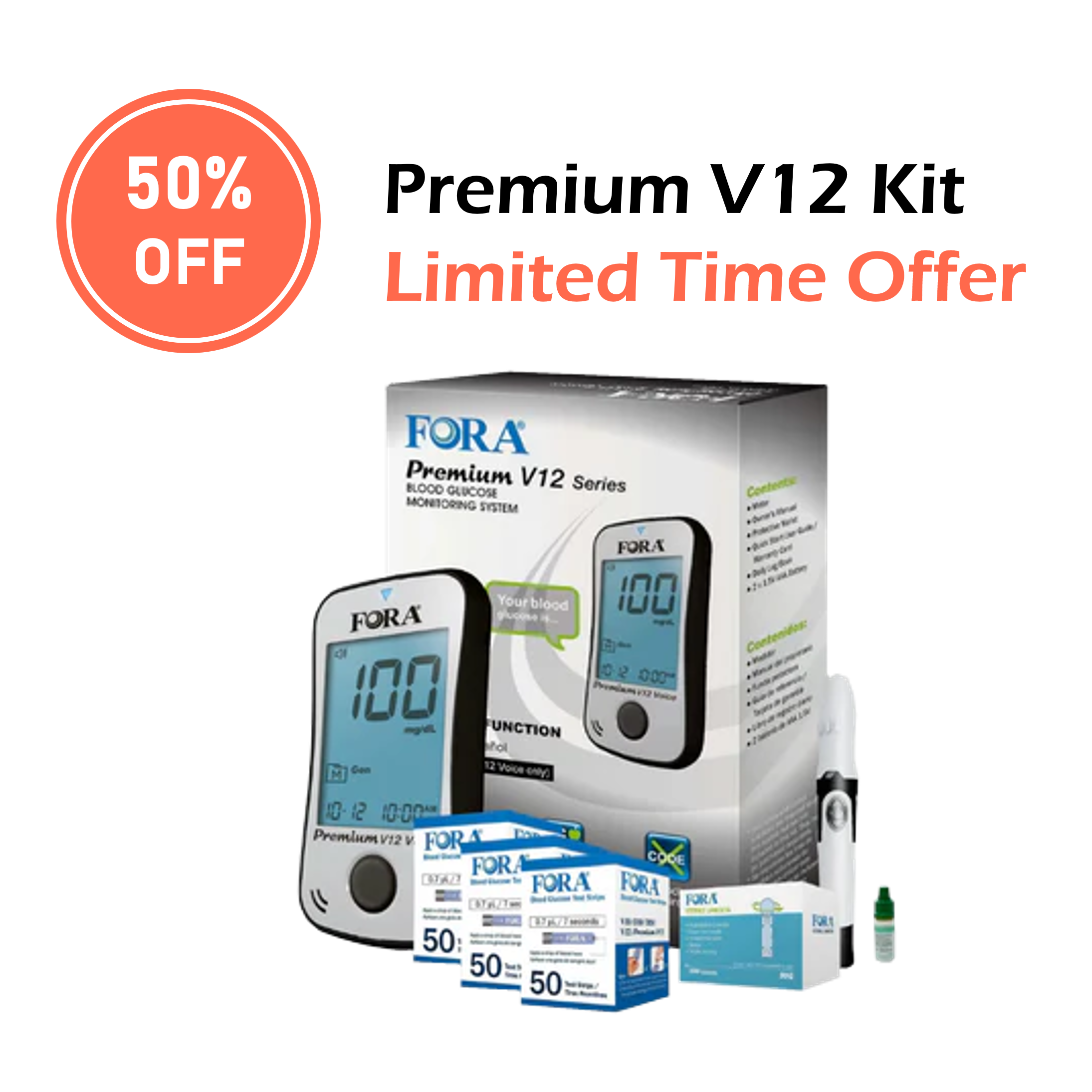 FORA Premium V12 Voice Blood Glucose Testing Kit (50ct/vial, 3 vials, total 150 strips)