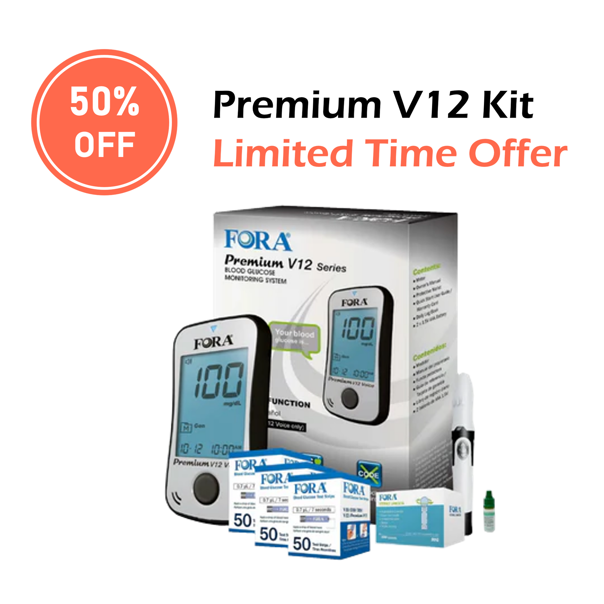 FORA Premium V12 Voice Blood Glucose Testing Kit (50ct/vial, 3 vials, total 150 strips)