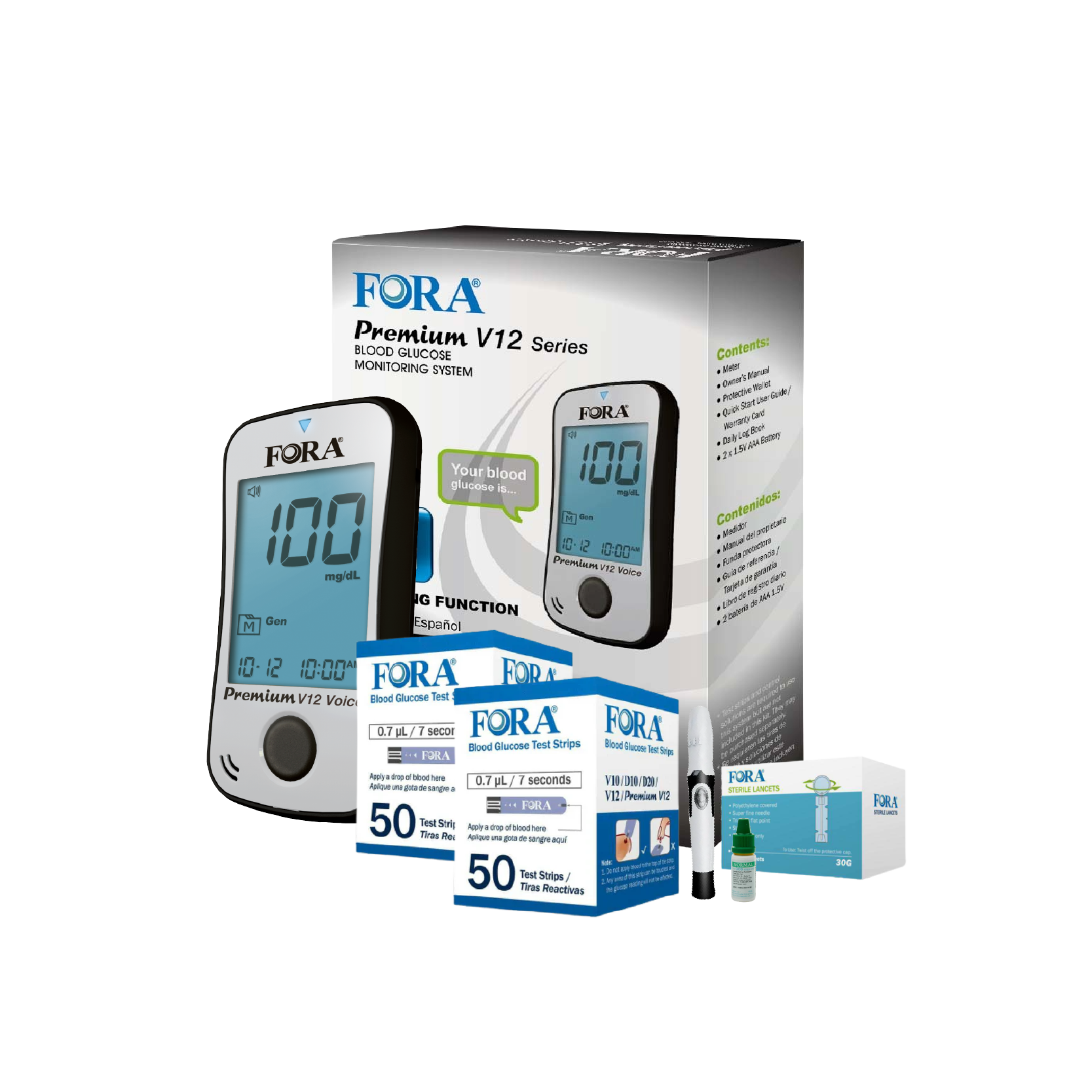 FORA Premium V12 Voice Blood Glucose Testing Kit (50ct/vial, 2 vials, total 100 strips, 100 lancets)