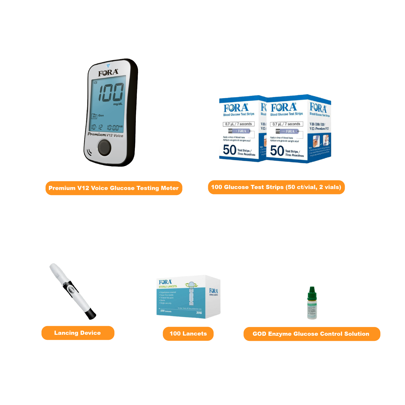 FORA Premium V12 Voice Blood Glucose Testing Kit (50ct/vial, 2 vials, total 100 strips, 100 lancets)