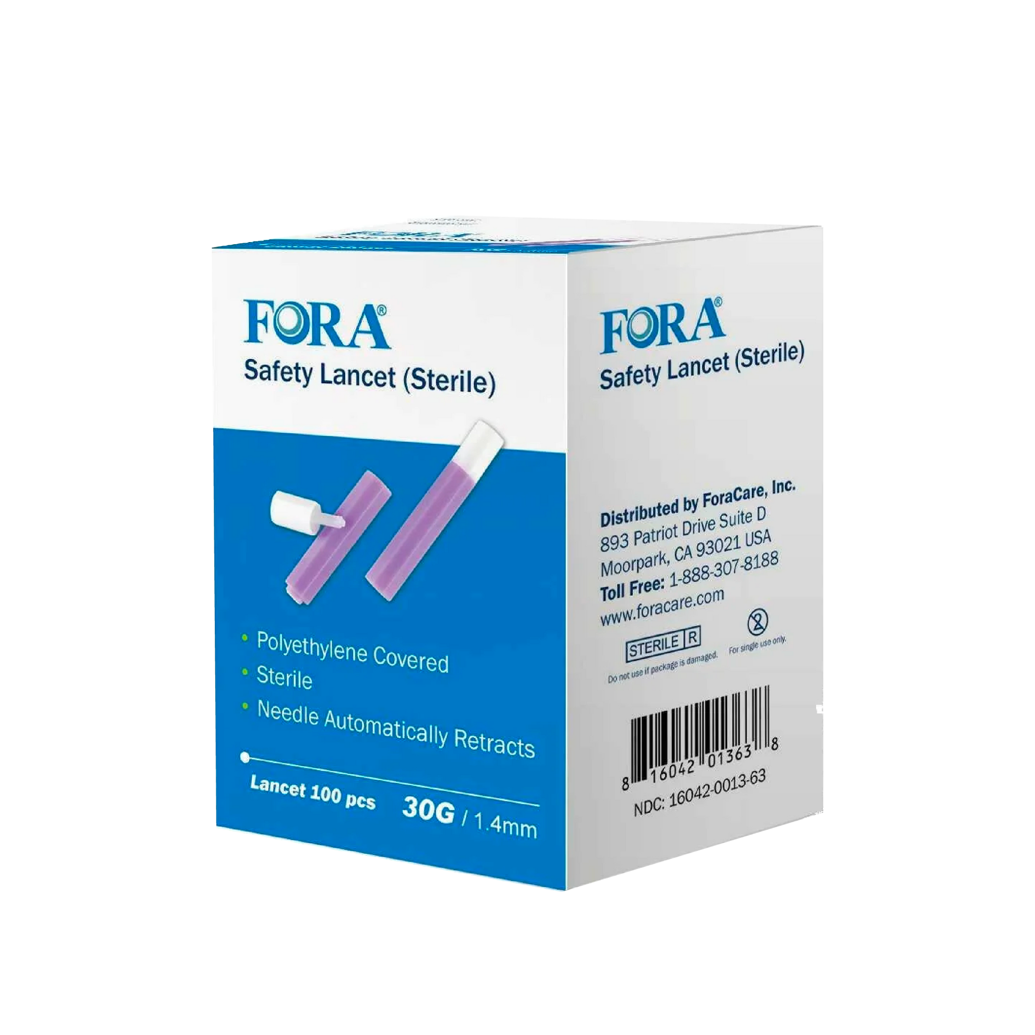 FORA Sterile Safety Lancet(5086), 1.4mm Depth, 30 Gauge, 100 Count, Lancing Device Not Required