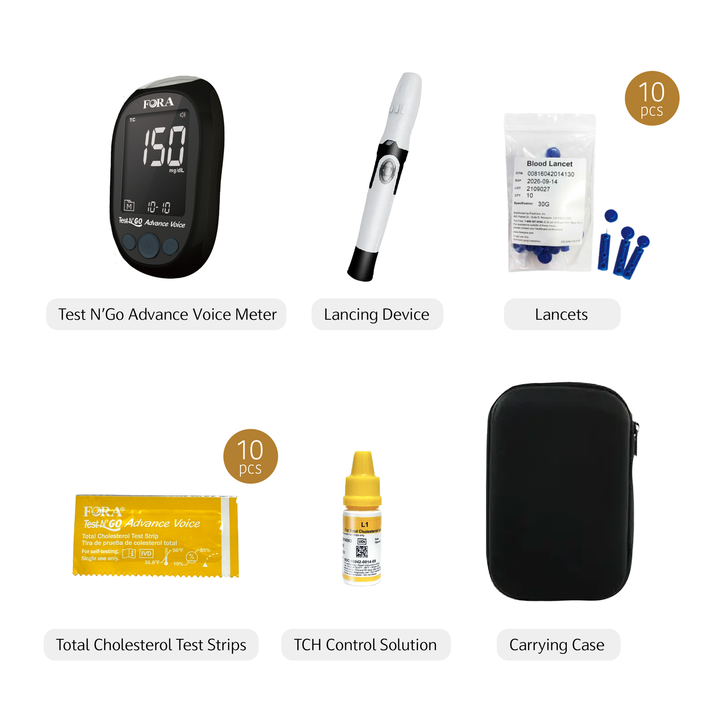 【Next-Gen】 FORA Test N'Go Advance Voice｜Total Cholesterol Testing Kit (10 Total Cholesterol Strips, 10 Lancets)