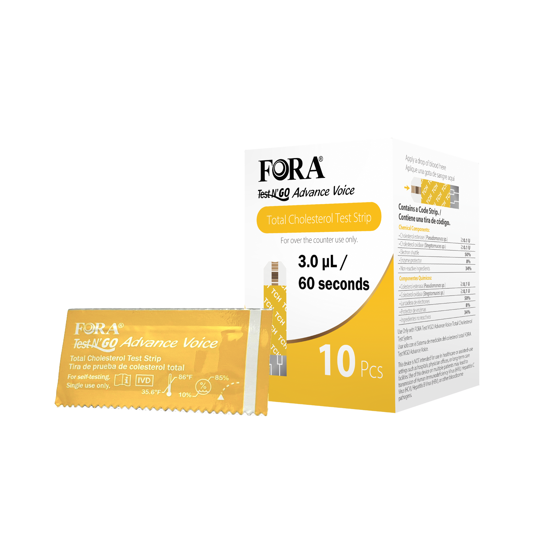 FORA Blood Total Cholesterol Test Strips (10pcs/box, Compatible with FORA Test N'Go Advance Voice Meter)