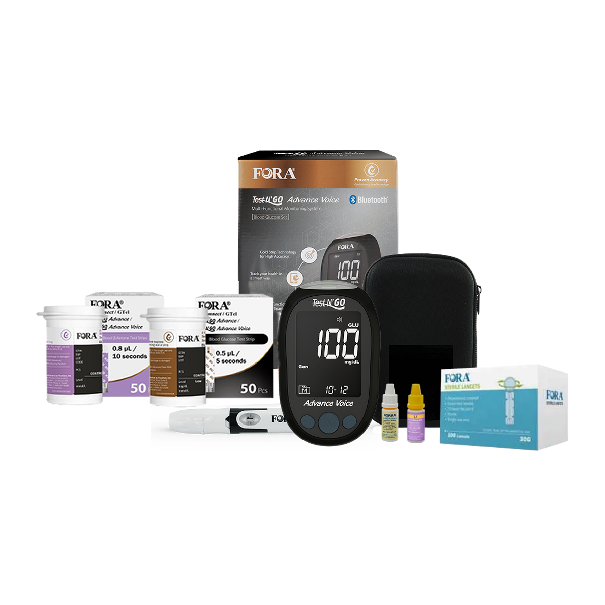 【Next-Gen】FORA Test N'GO Advanced Voice Glucose and Ketone Testing Kit-50 Glucose Strips+50 Ketone Strips