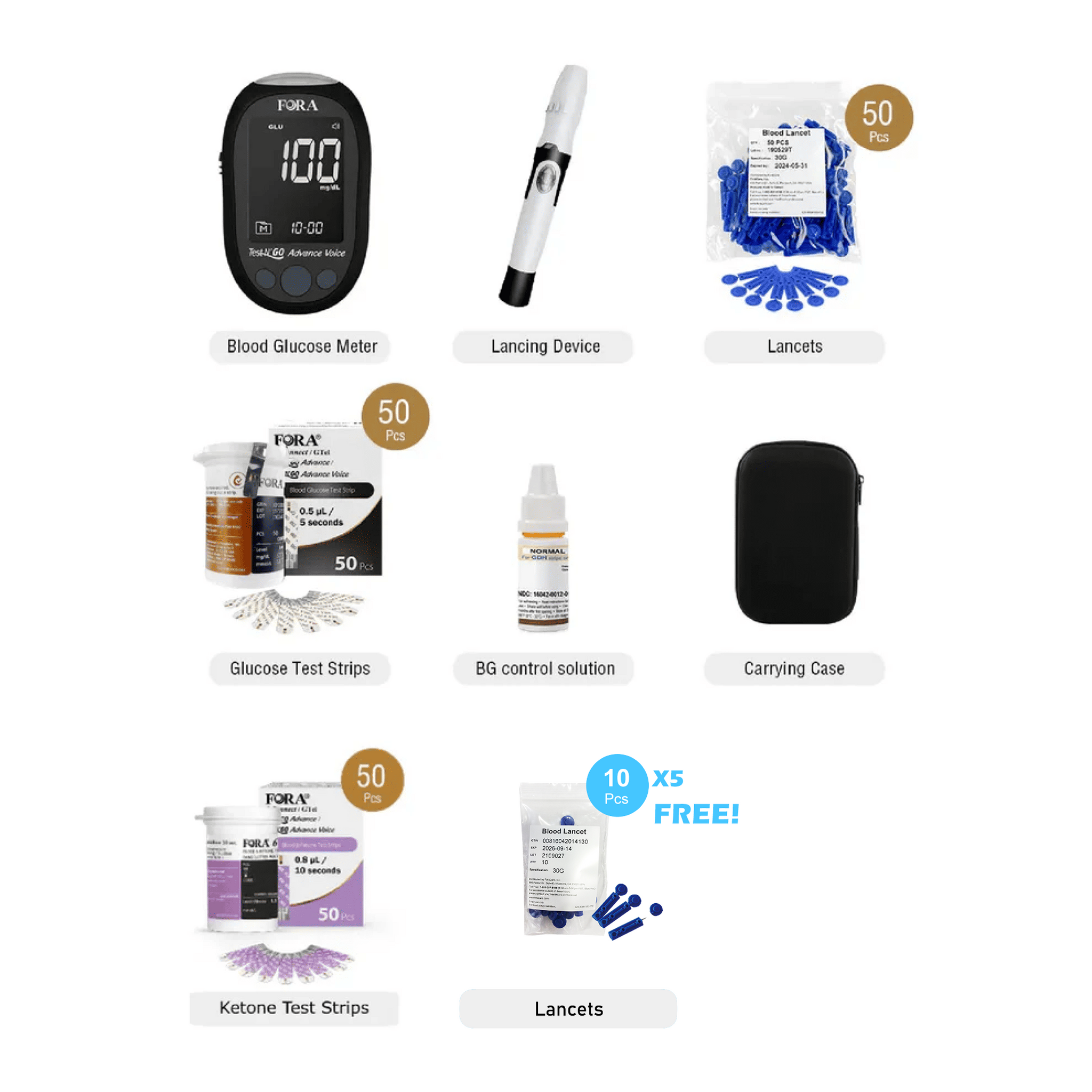 【Special Promo】Next-Gen FORA Test N'GO Advance Voice Kit - Blood Glucose & Ketone Kit with 50 Glucose Strips, 50 Ketone Strips, 100 Lancets (Only the glucose strips expire on 02/27/2025)