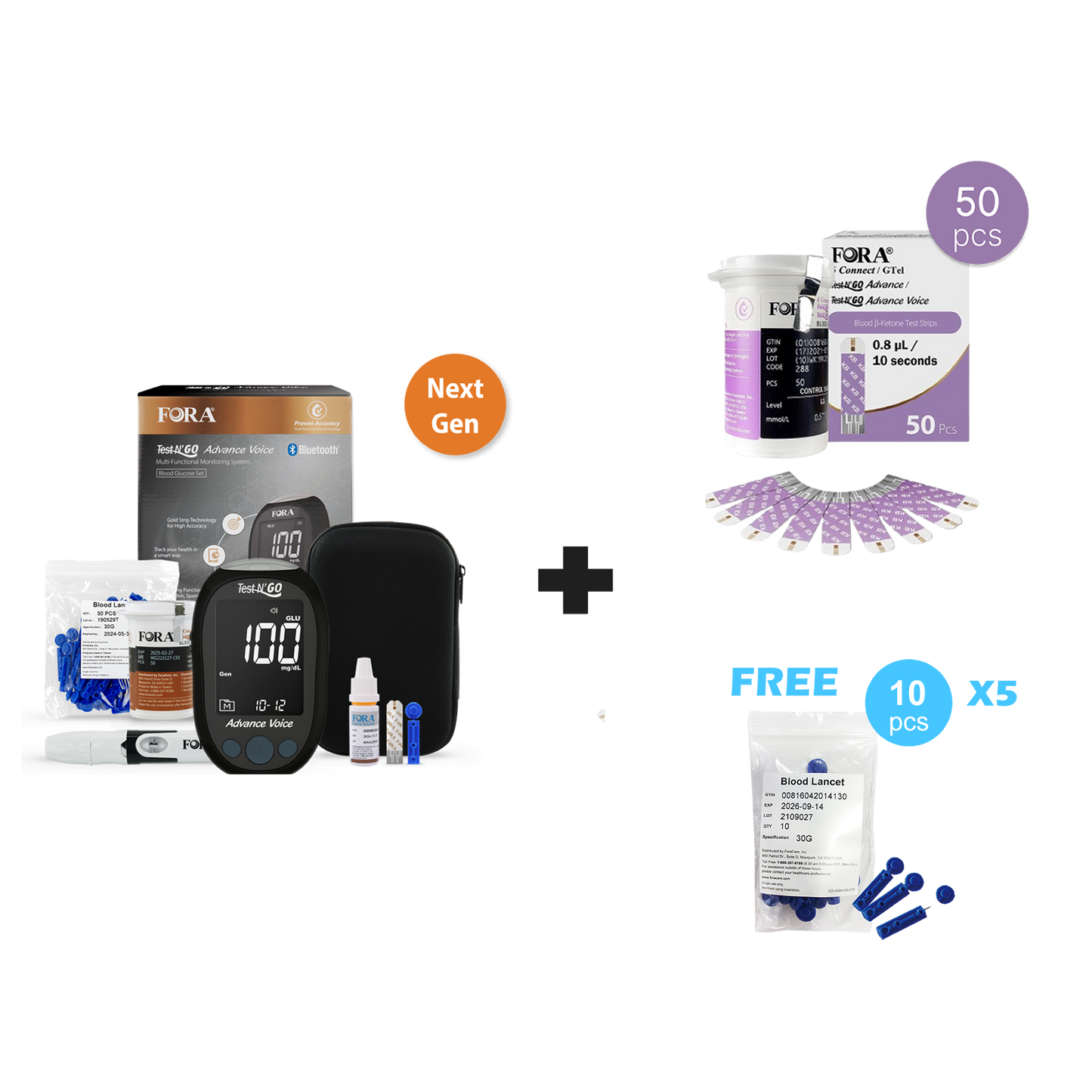 【Next-Gen】FORA Test N'GO Advance Voice Kit - Blood Glucose & Ketone Kit with 50 Glucose & 50 Ketone Strips, 100 Lancets