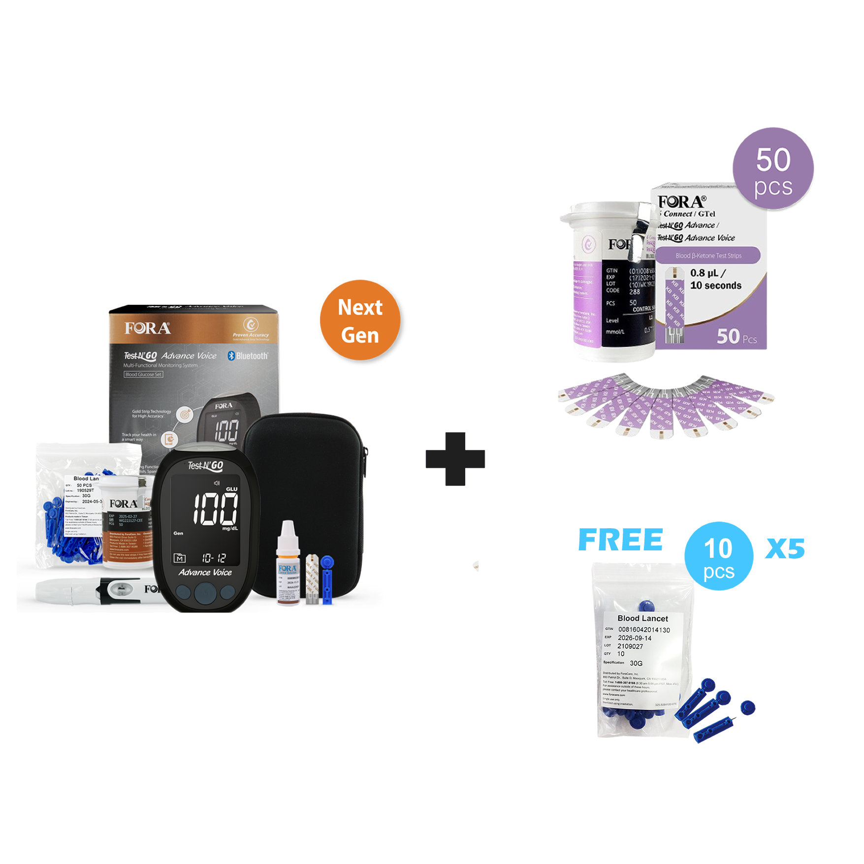 【Special Promo】Next-Gen FORA Test N'GO Advance Voice Kit - Blood Glucose & Ketone Kit with 50 Glucose Strips, 50 Ketone Strips, 100 Lancets (Only the glucose strips expire on 02/27/2025)