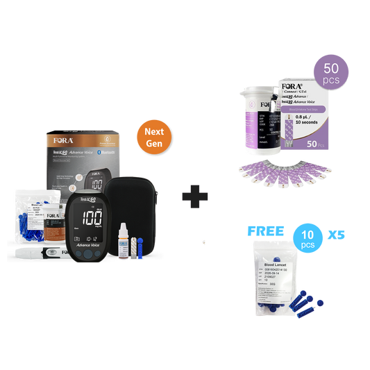 【Next-Gen】FORA Test N'GO Advance Voice Kit - Blood Glucose & Ketone Kit with 50 Glucose & 50 Ketone Strips, 100 Lancets