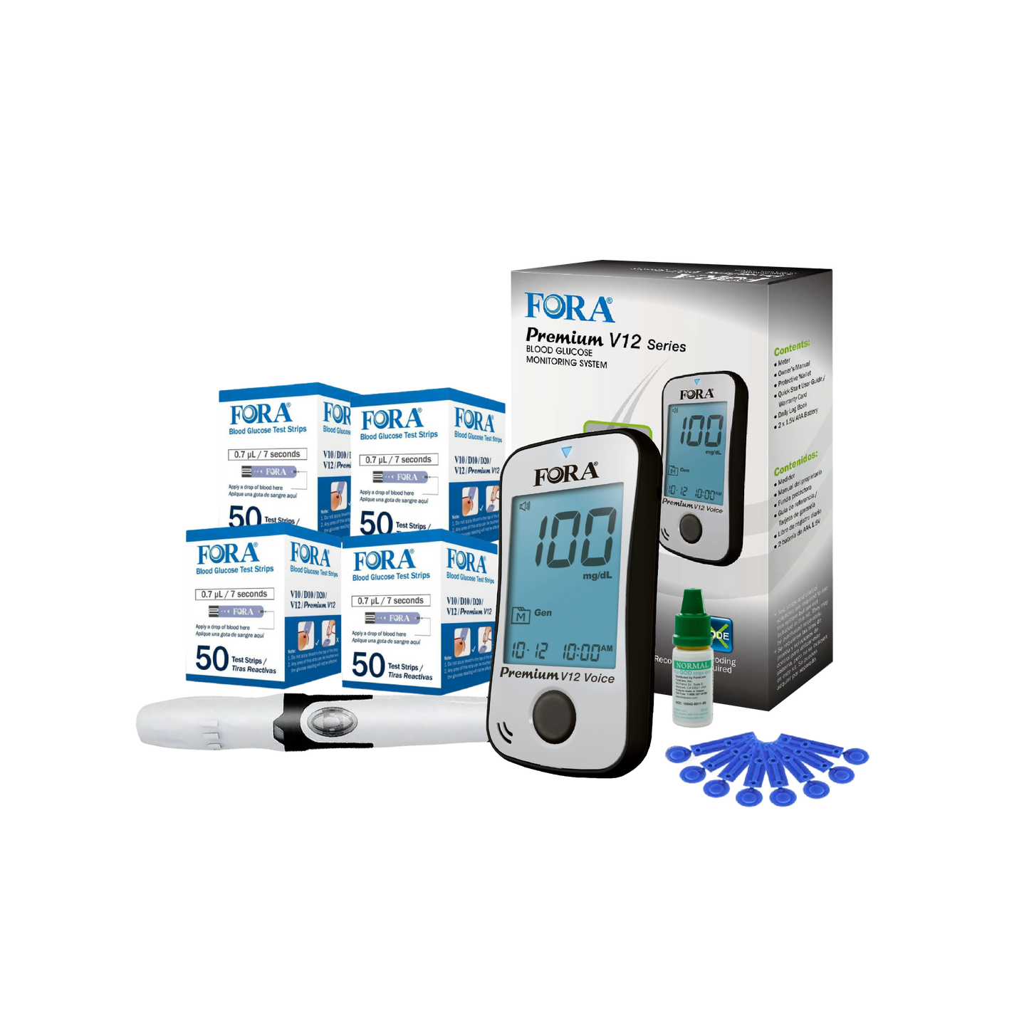 FORA Premium V12 Voice Blood Glucose Testing Kit (200 Strips+200 Lancets)