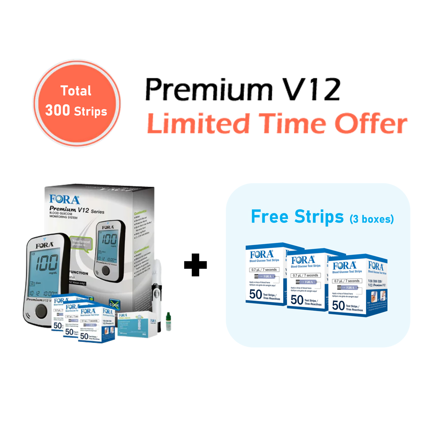 FORA Premium V12 Voice Blood Glucose Testing Kit – 300 Test Strips (Expiring 5/16/2025), 100 Lancets, 1 Monitor, 1 Lancing, 1 Control Solution – Limited Time Offer!