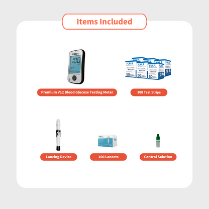 FORA Premium V12 Voice Blood Glucose Testing Kit – 300 Test Strips (Expiring 5/16/2025), 100 Lancets, 1 Monitor, 1 Lancing, 1 Control Solution – Limited Time Offer!